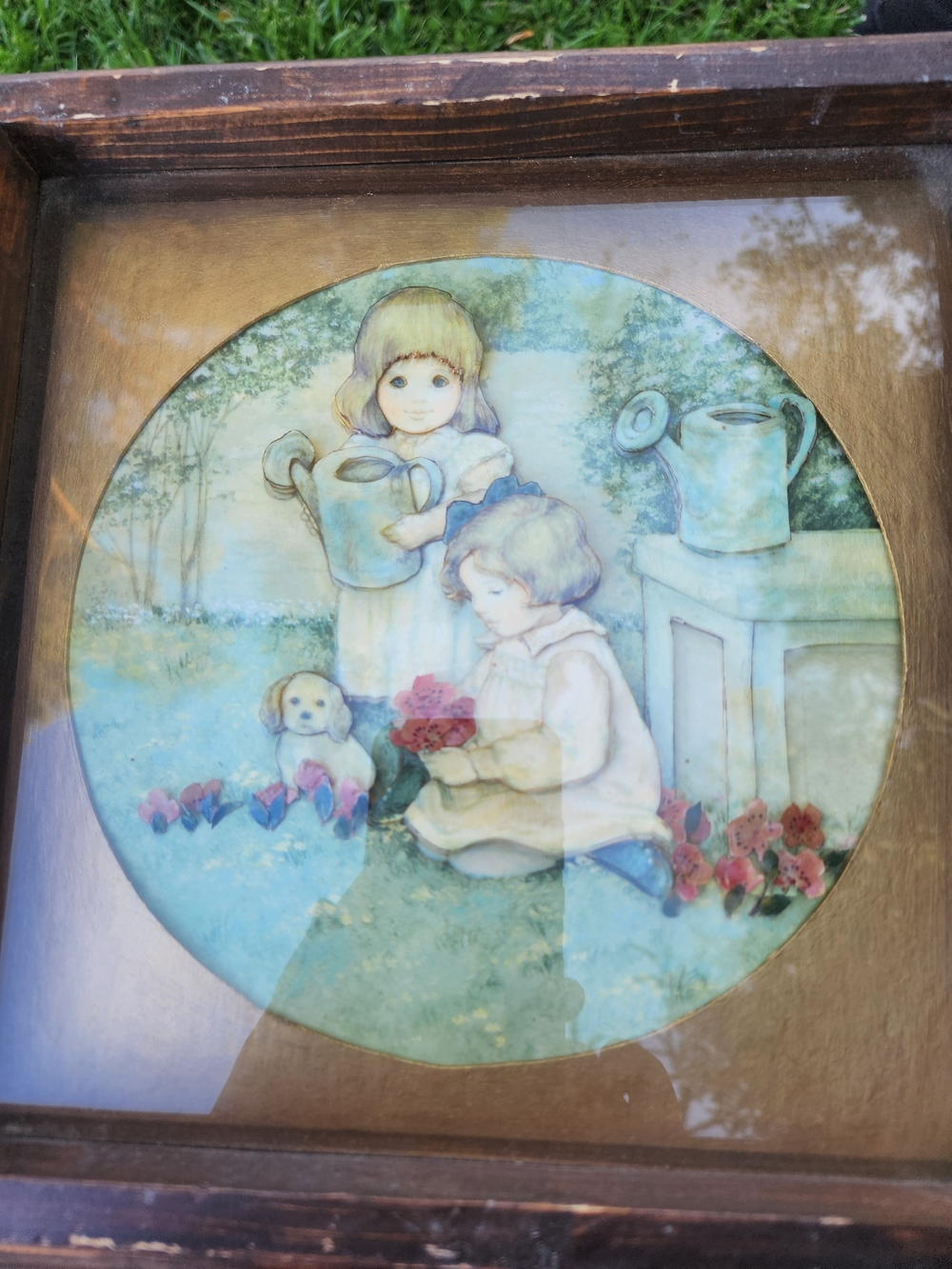 Vintage 3D PAPER TOLE Style Blue-Green Children Garden Art Print